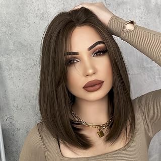 7jhh perruques courtes droites bob wig lace front synthétique longueur d'épaule partie centrale