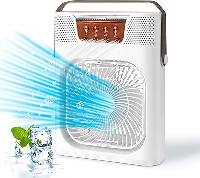 Ventilateur de climatiseur portable, mini refroidisseur d'air personnel 4 en 1, ventilateur à brume humidifiante avec 3 vitesses de vent, 4 modes de pulvérisation, lumière led 7 couleurs et minuterie 1/2/3 heure pour le bureau et la maison. Diaytar : Le discount intelligent pour consommateurs avisés