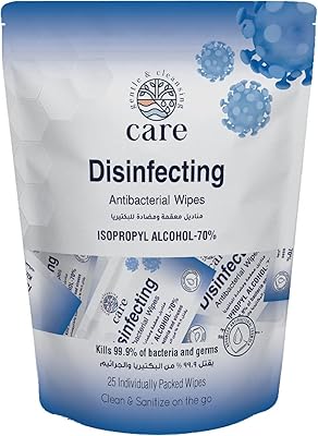 Lingettes humides désinfectantes antibactériennes care 70% ipa - pochette (25 pièces)