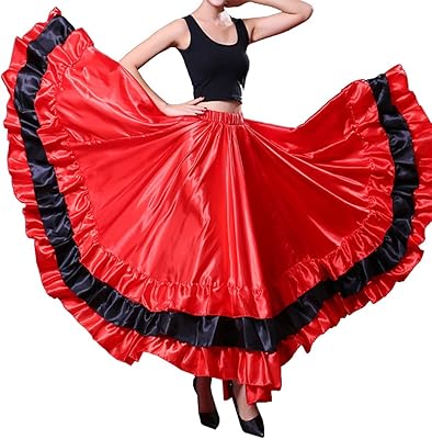 Jupe longue en satin superposée noire et rouge pour femme pour danse du