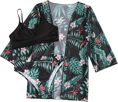 Maillot de bain 3 pièces coupe haute à imprimé tropical shein pour fille