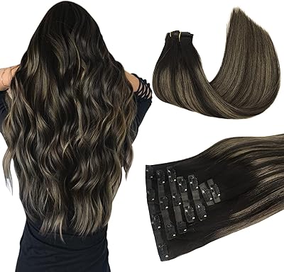 Extensions de cheveux à clips sans couture, noir naturel mélangé marron châtain 110