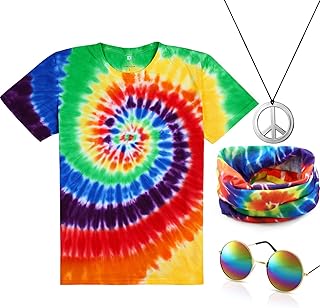 Ensemble de vêtements hippie 4 pièces, comprenant un t-shirt coloré à nœud avec signe de paix, un bandeau et des lunettes de soleil pour une soirée à thème. La nouvelle ère du shopping sénégalais commence avec Diaytar