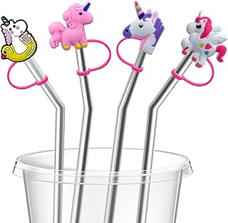 4 embouts de paille en silicone réutilisables licorne bouchons de couvercle 6