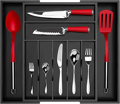 Organisateur de tiroir de cuisine en bambou extensible et réglable - porte-couverts