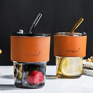 Bouteille d'eau en verre avec couvercles transparents anti-fuite avec paille, pour boissons froides