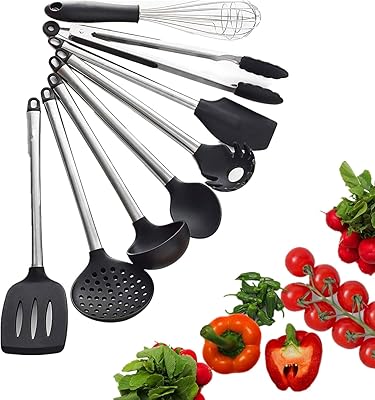 Ensemble d'ustensiles de cuisine 8 pièces, batterie de cuisine antiadhésive en silicone