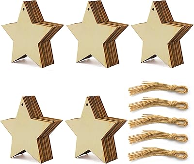 50pcs coupe-étoile en bois décorations suspendues inachevé avec corde pour décoration de mariage