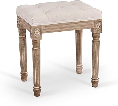 Repose-pieds français antique vonlos avec pieds en bois rustique et siège matelassé, banc