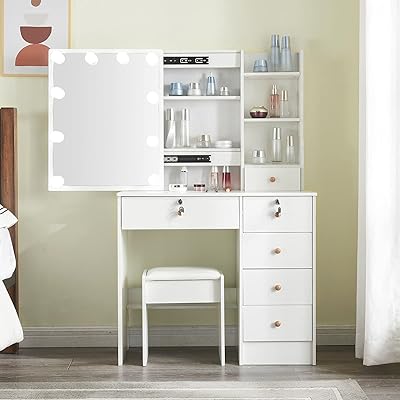 Coiffeuse avec miroir lumineux, table de maquillage de rangement moderne avec 5 tiroirs