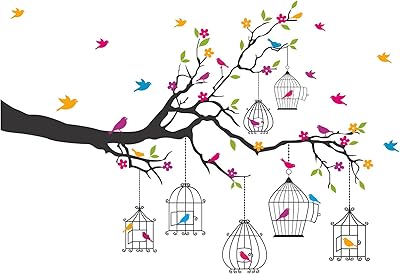 Sticker mural en vinyle pvc avec branches avec fleurs et cages à oiseaux