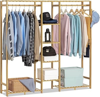 Portant à vêtements en rotin avec doubles tringles et étagères de rangement