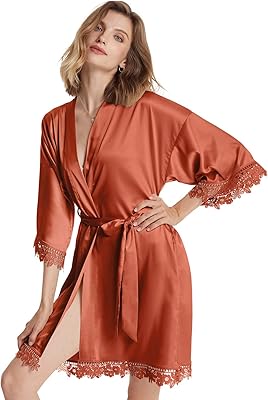 Robe kimono courte avec bordure en dentelle pour femme chemise de nuit satin