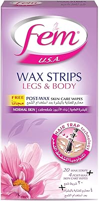 Bandes de cire corporelle fem usa, enrichies en calendula, pour peaux normales - 20 bandes avec lingettes post-épilation. Révolutionnez votre façon d'acheter avec Diaytar