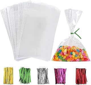 Sacs en cellophane transparents, 100 pièces sacs cadeaux plats transparents avec attaches