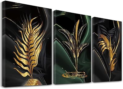 Art mural abstrait sur toile avec motif de plantes noires et dorées