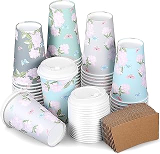 Paquet de 60 tasses à café isolées en papier floral vintage avec couvercles