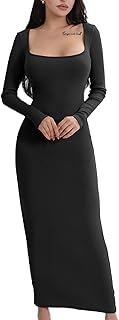 Robe longue ewa pour femme à manches longues et col carré en tissu