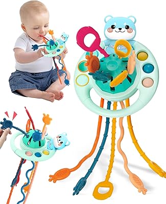 Jouet d'activité à tirer, jouets montessori chat bleu syosi, jouets sensoriels en silicone