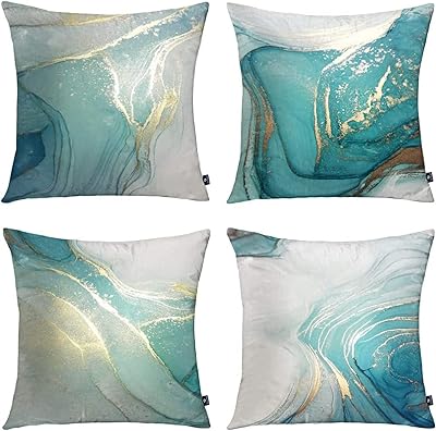 Housses d'oreiller décoratives motif marbre turquoise or argent, lot de 4 pièces, housses d'oreiller carrées en velours de luxe, motif d'art abstrait à l'encre douce pour lit, canapé, décoration de la maison, 45x45 cm. Diaytar : Votre partenaire e-commerce au quotidien