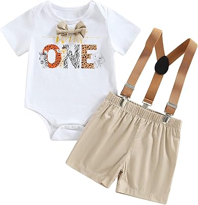 Tenue de premier anniversaire de bébé garçon, barboteuse avec nœud papillon, un animal