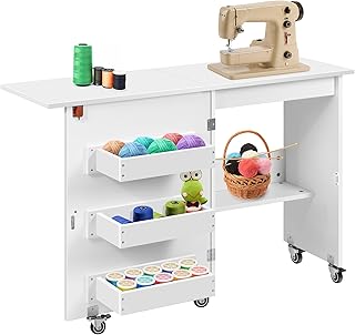 Table de couture pliable vivohome, bureau rotatif pour machine à coudre avec étagères