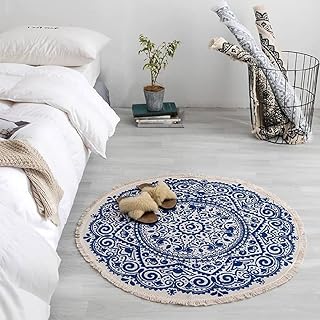 Tapis rond scandinave en coton et lin fait main avec pompons, design bohème