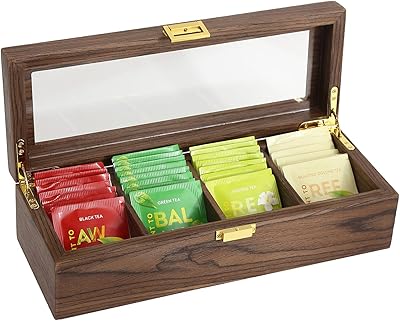 Boîte à thé en bois kegras avec couvercle transparent, 4 compartiments réglables, sachet