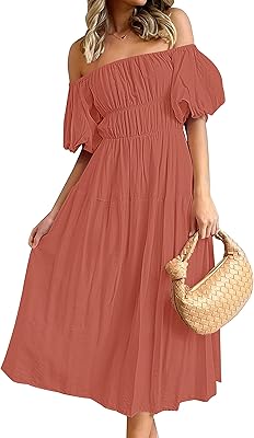 Robe d'été mi-longue trapèze à volants et épaules dénudées pour femme avec poches