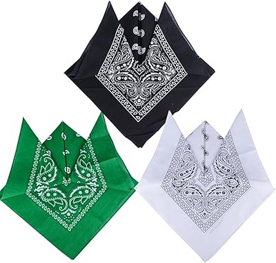 Écharpe bandana en coton pour hommes et femmes (3 pièces, noir/blanc et vert)