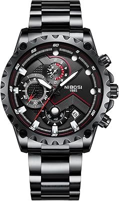 Montre analogique cadran noir bracelet en cuir acier inoxydable chronographe résistant à l'eau