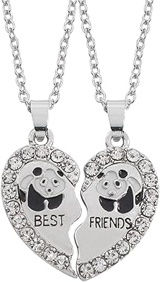 Collier pendentif cœur 2 pièces serti de strass panda - cadeau meilleurs amis