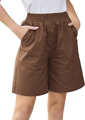 Bermuda décontracté pour femme à taille élastique en coton et lin avec poches