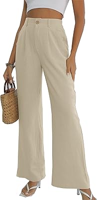 Pantalon décontracté en lin taille haute et jambes larges, coupe droite et boutons