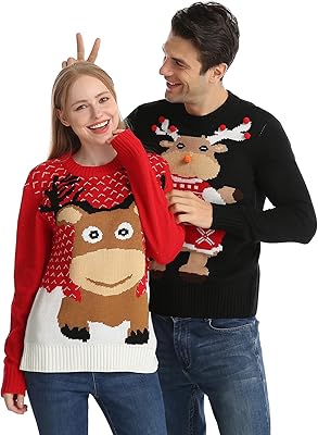 Pull de noël assorti pour femmes et hommes imprimé renne manches