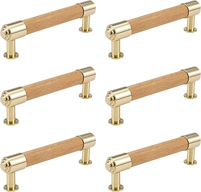 Autalind 6 pièces poignées de porte en laiton et bois de hêtre