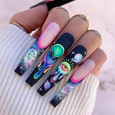 24 pièces cercueil à pression sur faux ongles longs ciel étoilé