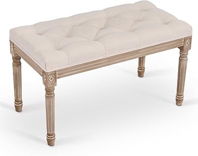 Tabouret français classique vonlos avec siège matelassé et pieds en bois d'hévéa, banc