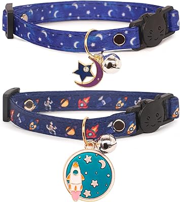 Collier amovible pour chat en coton avec clochette lune bleue et étoiles