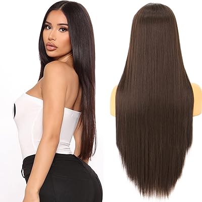 Perruque marron foncé pour femmes 28 pouces perruque de cheveux bruns longs