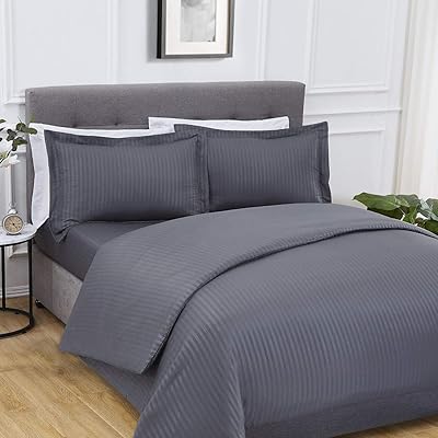 Housse de couette à rayures gris anthracite en satin extra doux et facile