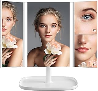 Miroir de maquillage beige 3 couleurs avec grossissement 1x2x3x, commande tactile