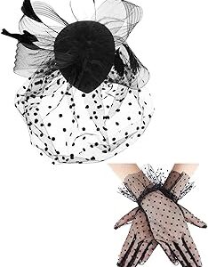 Chapeau bibi vintage des années 1950, chapeau de fête en maille fausse plume avec voile et gants courts en dentelle, accessoires de mode pour filles et femmes pour fête de mariage (noir). Consommez mieux avec Diaytar, votre marketplace discount