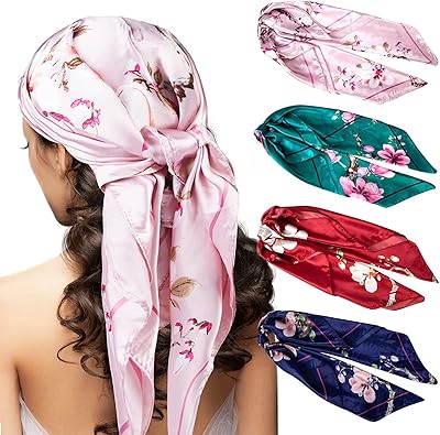 4 pièces 35" foulard en soie satinée imprimé fleur de pêche pour femmes