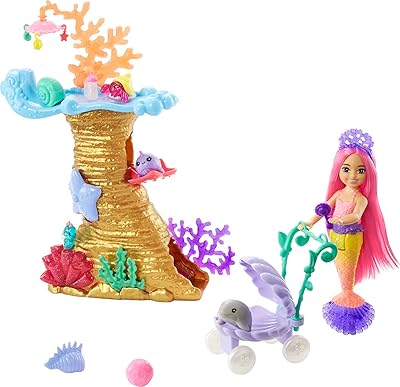 Ensemble de jeu barbie mermaid power avec poupée chelsea, 4 animaux, aire