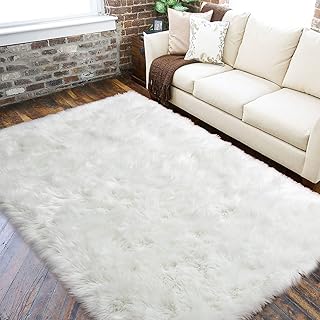 Tapis en fausse fourrure lucas blanc pour salon, 90 x 150 cm, blanc