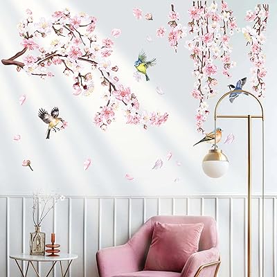 Stickers muraux mile branche de fleur de cerisier, oiseau rose, autocollants muraux pour chambre à coucher, salon, tv, décoration murale de la maison. Diaytar : Où vos envies rencontrent votre budget
