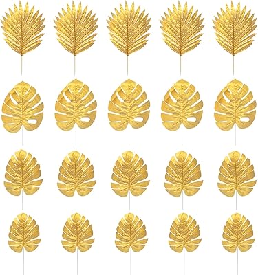 Feuilles de palmier artificielles, feuilles de fête tropicales en plastique doré, décorations