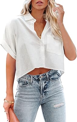 Chemise courte décontractée boutonnée à manches longues pour femme, chemisier court à revers