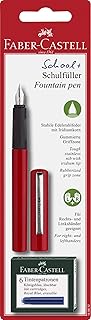 Stylo plume rouge faber-castell, pointe moyenne, 6 cartouches d'encre bleue